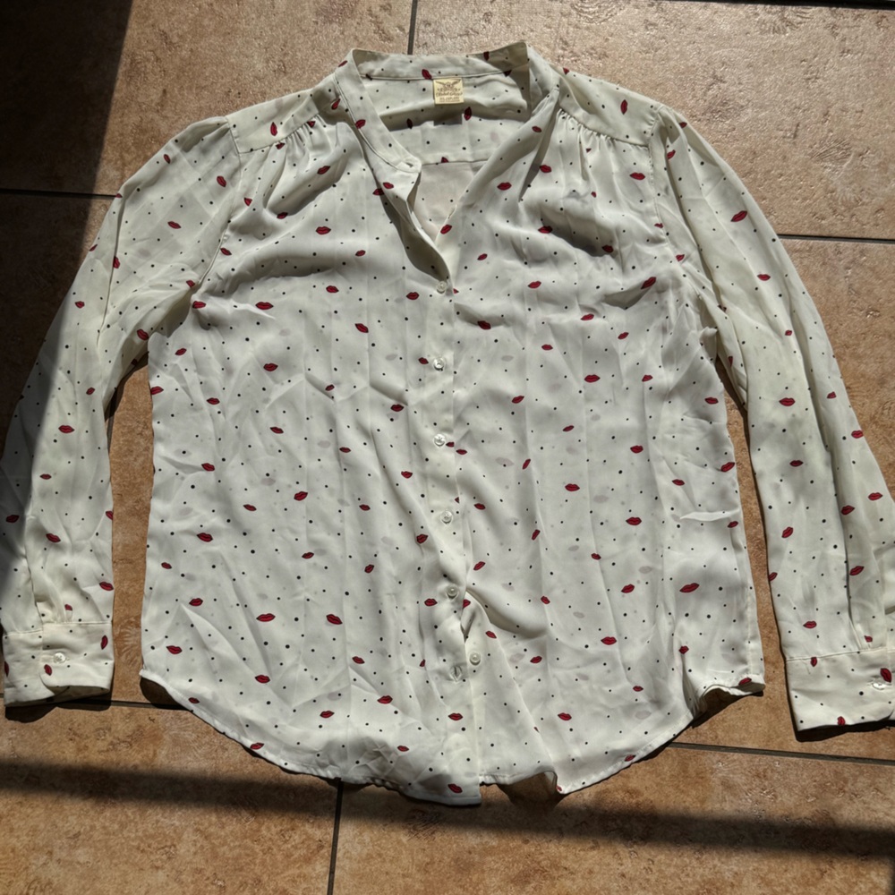 Cream Blouse with Red Polka Dots